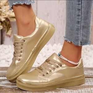 Gold Platform Sneakers with Gold Trim - Women